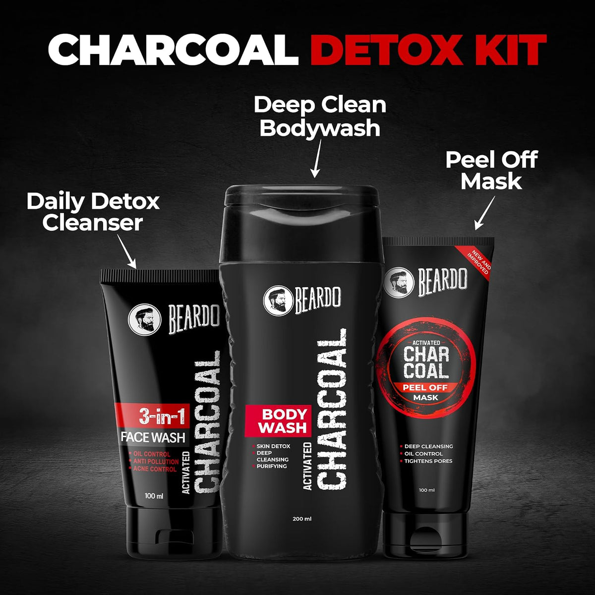 Beardo Charcoal Detox Kit | Facewash | Bodywash | Activated Charcoal Face Peel Off Mask | Detox Kit for Men | Beardo Grooming Kit for Men -Set of 3