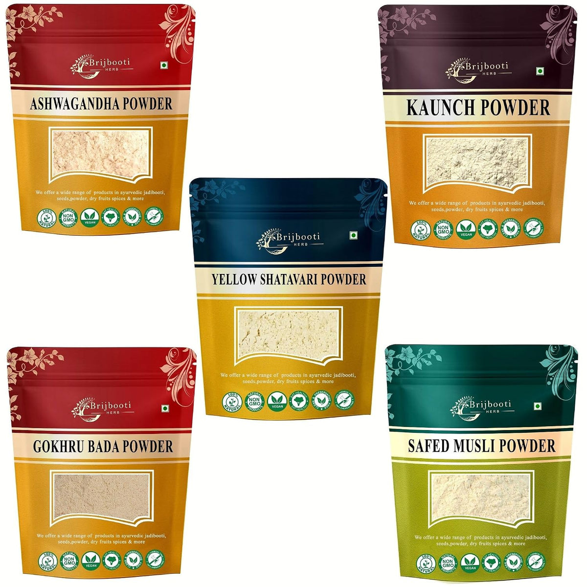 Brijbooti Safed Musli - Ashwagandha - Kaunch - Shatavari - Gokhru Bada (Powder) 180 Gr Each