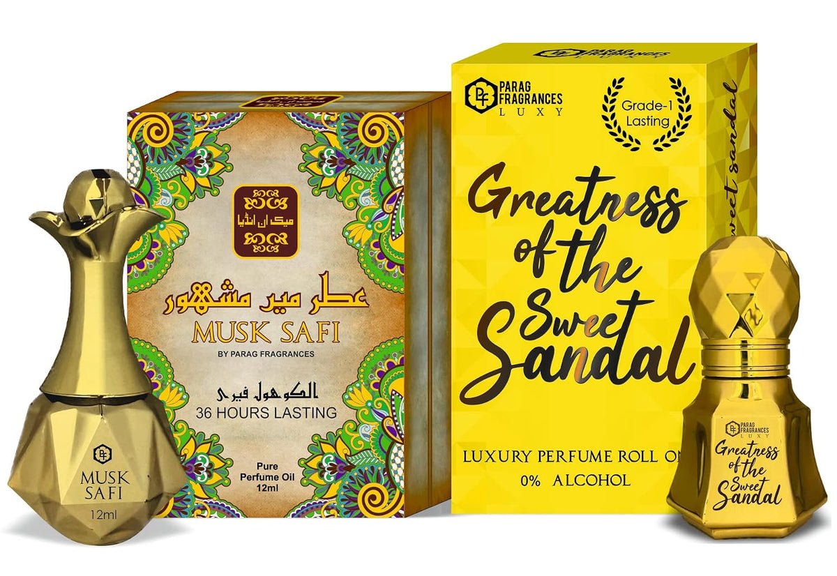 Parag Fragrances Combo of Luxury & Premium Attar Perfumes (Alcohol Free & Long Lasting) (Musk Safi & Great Sweet Sandal)