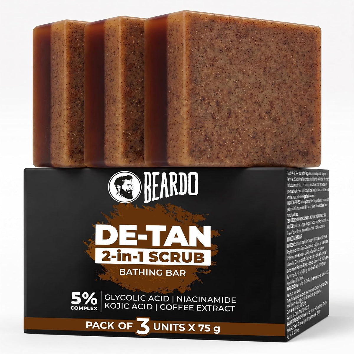 Beardo De-Tan 2-in-1 Scrub Bathing Bar for Men (75g X 3) | Dual Action Cleansing & Exfoliation | Niacinamide, Kojic Acid, Glycolic Acid & Coffee Extracts | Helps Remove Tan, Dirt & Dead Skin
