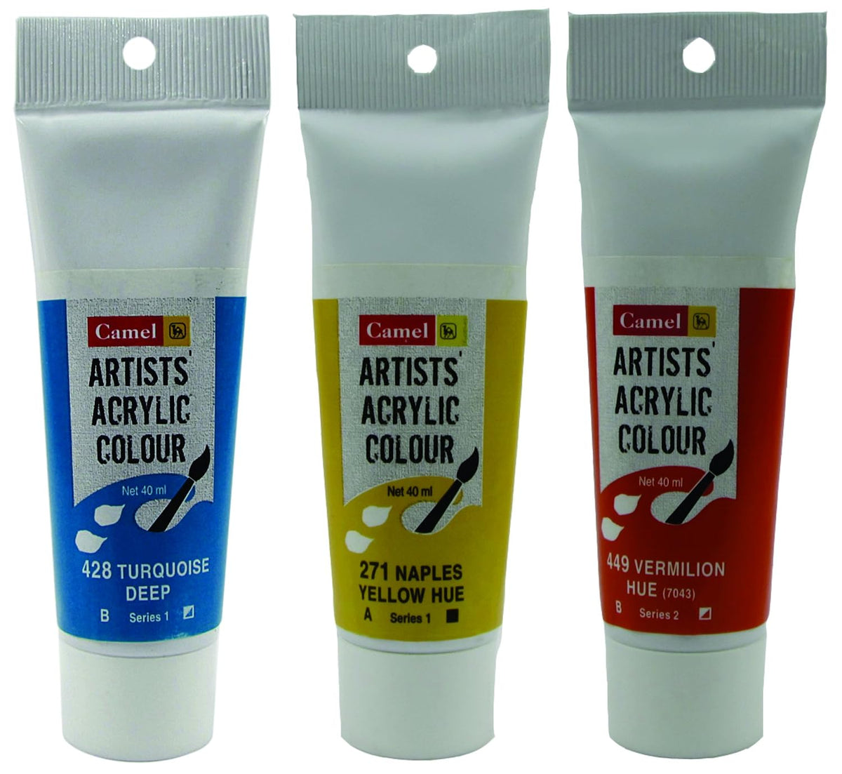 Camel Camlin Kokuyo Acrylic Tubes Turquoise Deep, Naples Yellow Hue and Vermillion Hue (40ml)