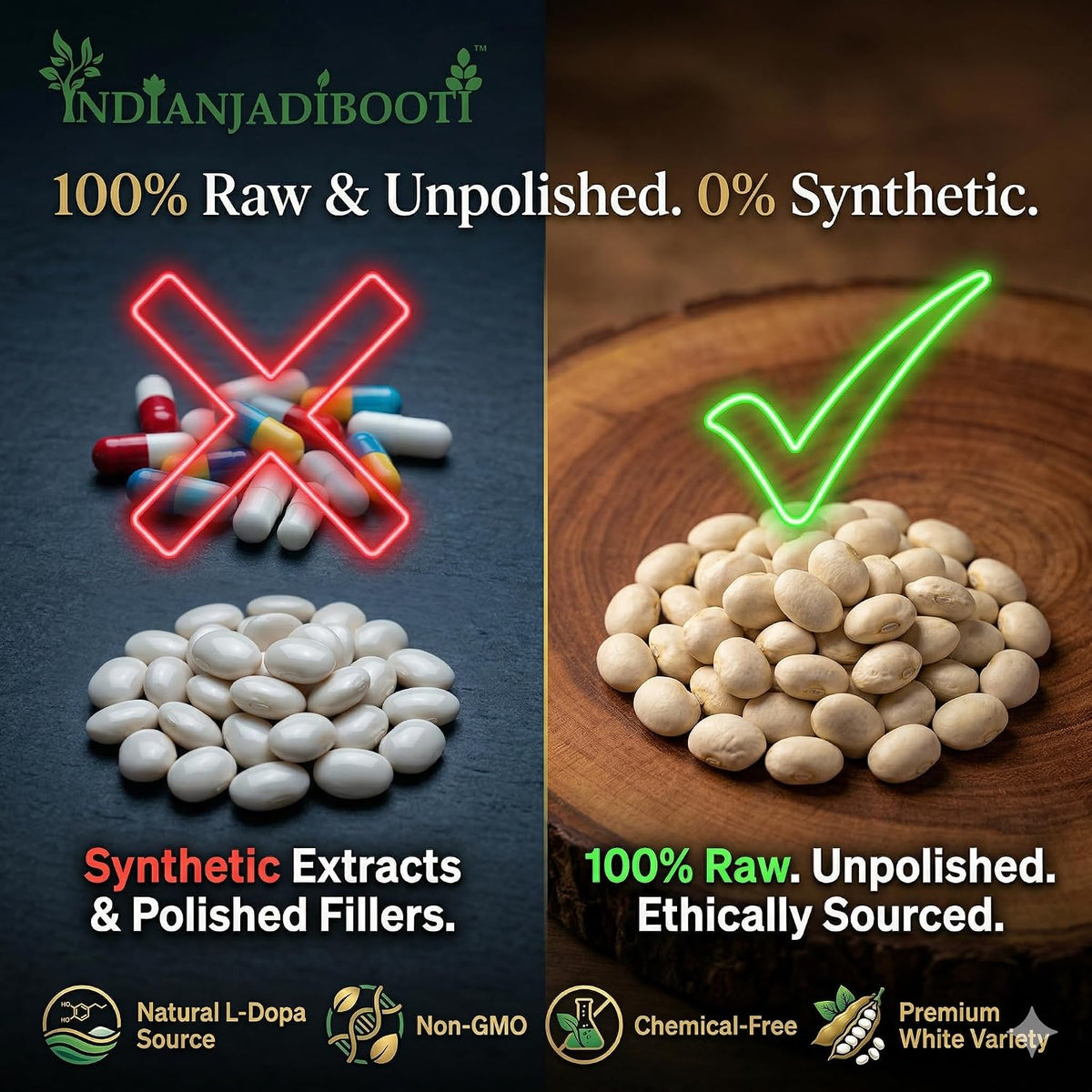 IndianJadiBooti White Kaunch Beej (Mucuna Pruriens/Velvet Bean) – Pure Raw Seeds for Vitality, Muscle Strength & Nervous System Support – Natural Mood Balance (800g)