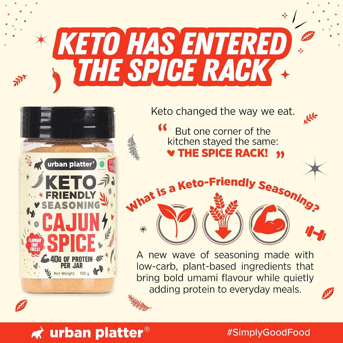 Urban Platter Keto-friendly Cajun Seasoning, 100g (High-Protein, Crafted with Nutritional Yeast & Yeast Protein, Bold Louisiana-Style Spice Blend)