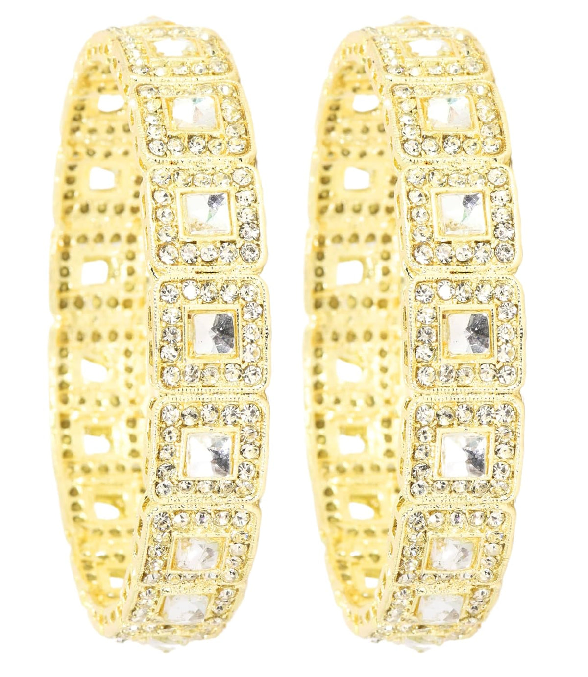 NMII Traditional Golden Metal Bangles Kada Set For Girls & Women Embedded with Zircon Gemstone & Kundan Mirror | Trendy Polki Bangles | Women's Bangles Bracelet Golden- Set of 2 Bangle