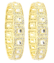 NMII Traditional Golden Metal Bangles Kada Set For Girls & Women Embedded with Zircon Gemstone & Kundan Mirror | Trendy Polki Bangles | Women's Bangles Bracelet Golden- Set of 2 Bangle