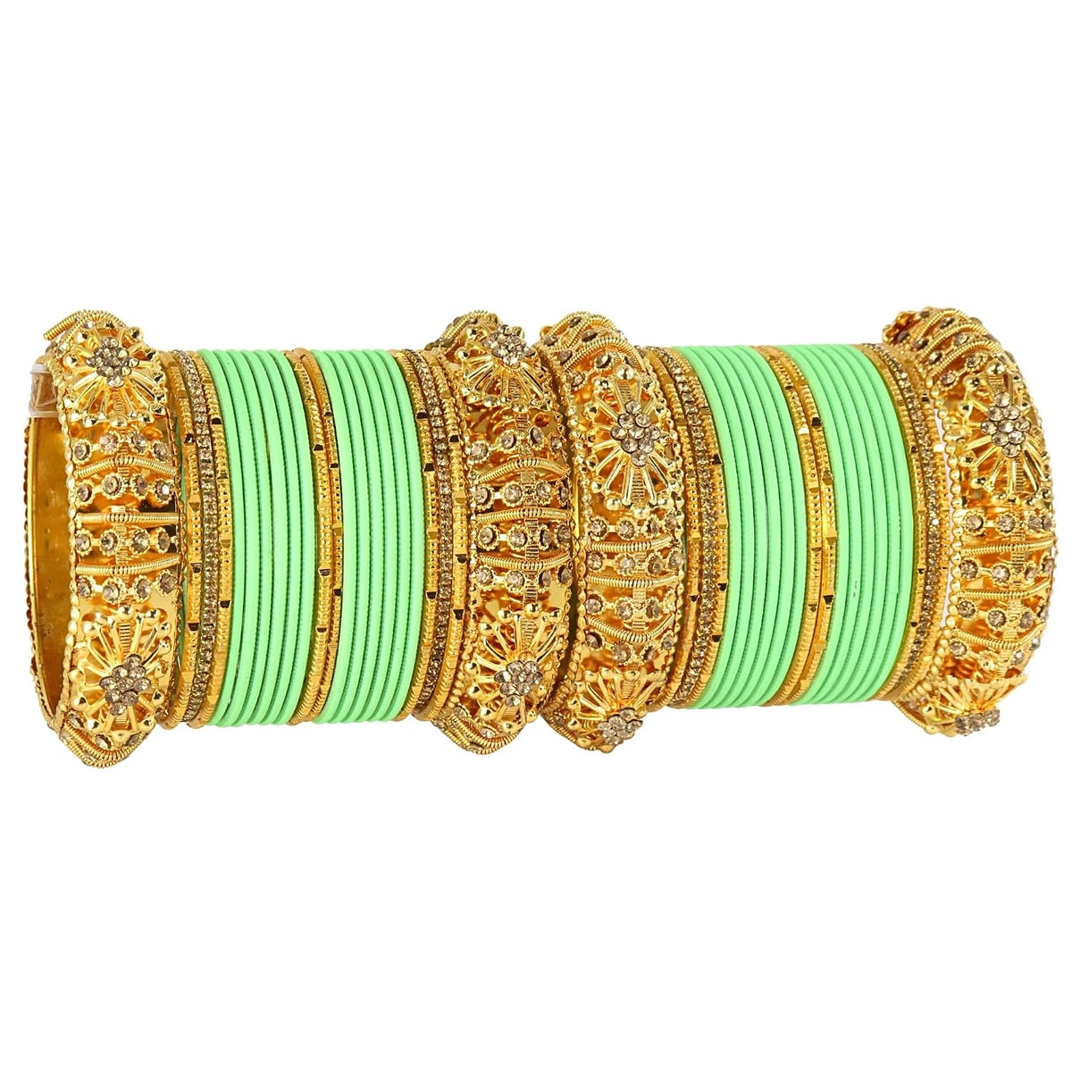 NMII 44 Pcs Velvet Bridal Chuda Set Work With Zircon Stone & Floral Design | Gold Plated Link Chain Chudi | Stone Studded Bangles | Metal Bridal Chura | Designer Choora For Wedding & Festive