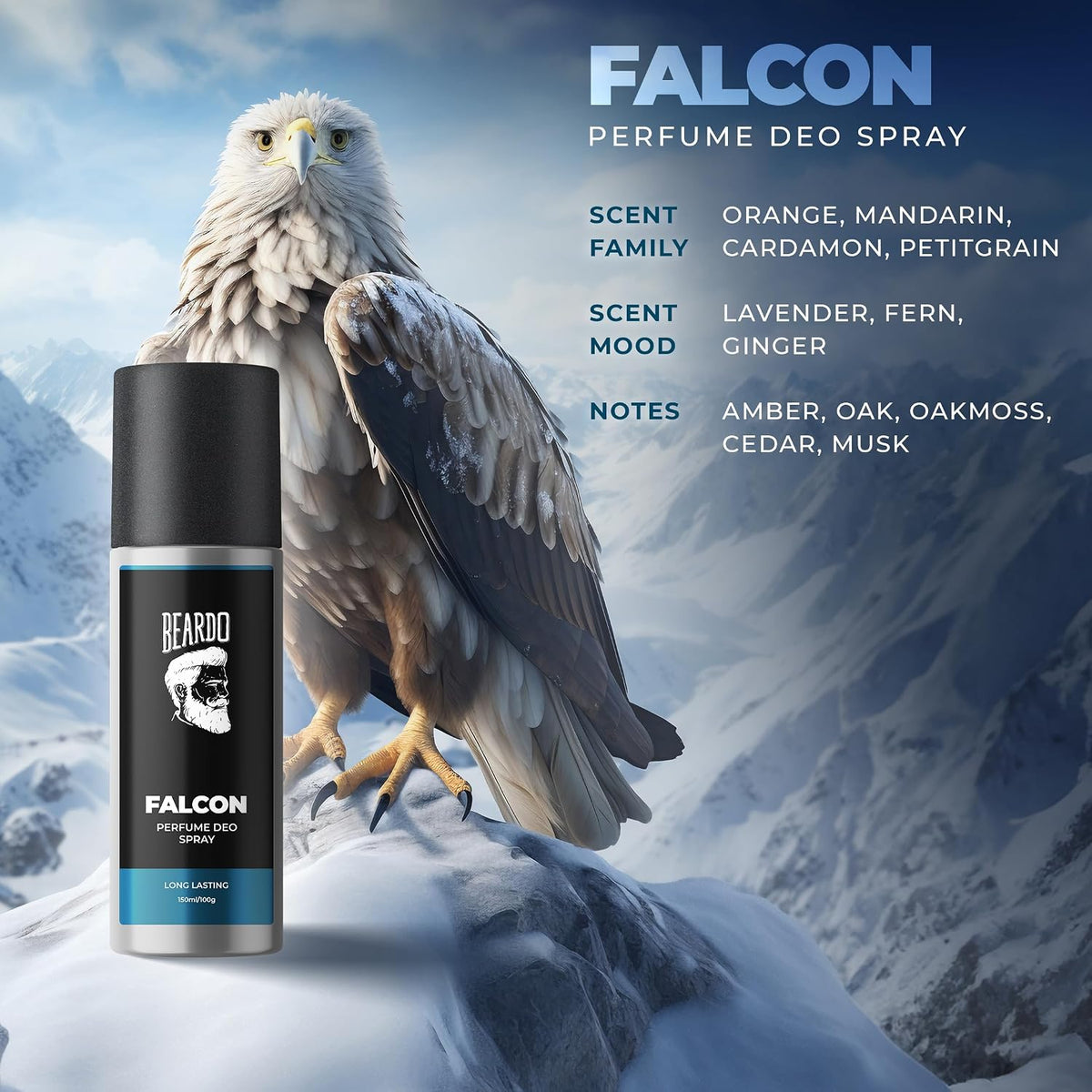 Beardo Falcon Perfume Deo 150ml | Amber Fresh Musk | Deodorant | Body Spray For Men | Long Lasting Fragrance | Gift For Brother | Gift For Friends