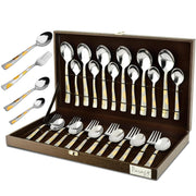 Parage 24 Pieces Premium Stainless Steel Golden Cutlery Set, Home & Kitchen with Gift Box, (6 Pieces Each Table Spoons, Table Forks, Dinner Spoon & Tea Spoons) with Leatherite Box (Moonpress Design)