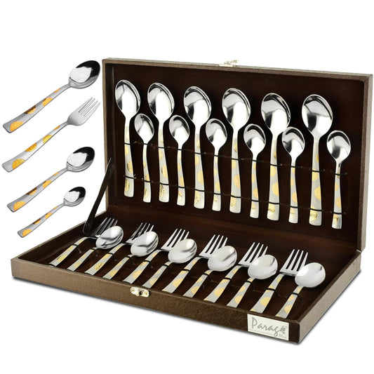 Parage 24 Pieces Premium Stainless Steel Golden Cutlery Set, Home & Kitchen with Gift Box, (6 Pieces Each Table Spoons, Table Forks, Dinner Spoon & Tea Spoons) with Leatherite Box (Moonpress Design)