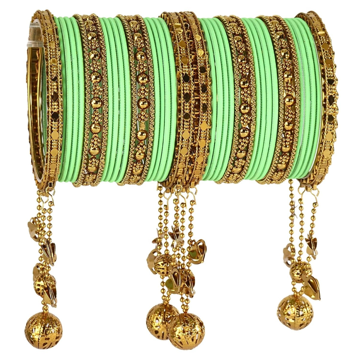 NMII Designer Bridal Chuda Set With Latkan | Gold Plated Traditional Metal Bangles with Decorative Latkan | Wedding, Karwa Chauth, Teej, Mehendi, Haldi Chuda (Pack Of 40)