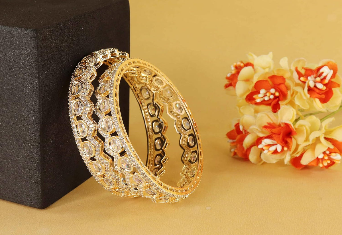 NMII Alloy Metal American Diamond Bangles Bracelet Jewellery Set For Women & Girls | Oval Shaped Cubic Zirconia Bangle | Premium Bridal Kada For Wedding, Party, Spaecial Occasion- Set of 2 Bangles