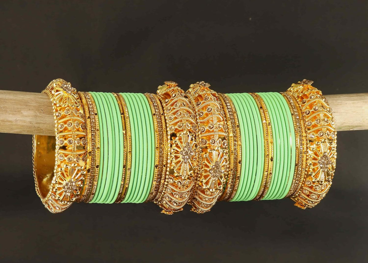 NMII 44 Pcs Velvet Bridal Chuda Set Work With Zircon Stone & Floral Design | Gold Plated Link Chain Chudi | Stone Studded Bangles | Metal Bridal Chura | Designer Choora For Wedding & Festive