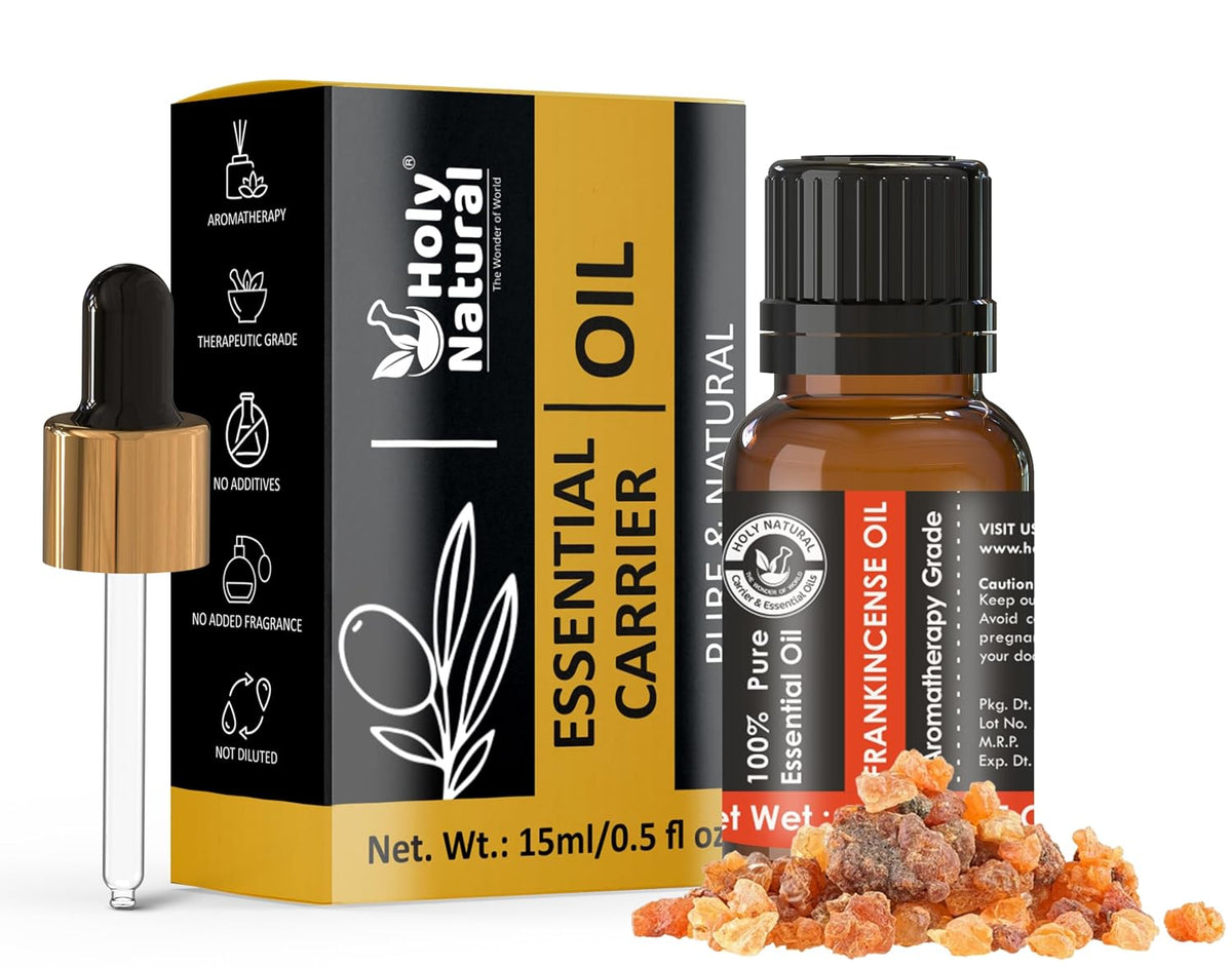 Holy Natural Frankincense Essential Oil 15ml (with Dropper Plug), Undiluted Therapeutic Grade, Perfect for Skin Pores Tightening, Fine Lines and Aromatherapy & Super Beauty Benefits.
