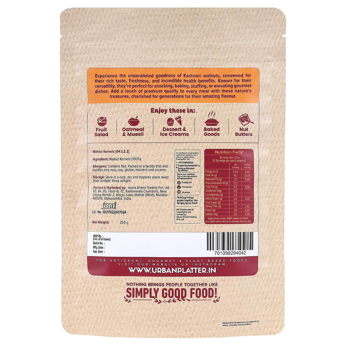 Urban Platter Kashmir Walnut Kernels, 250g (Shelled Halves | Akhrot Giri | Grown in India | Rich in Omega-3 & Antioxidants)