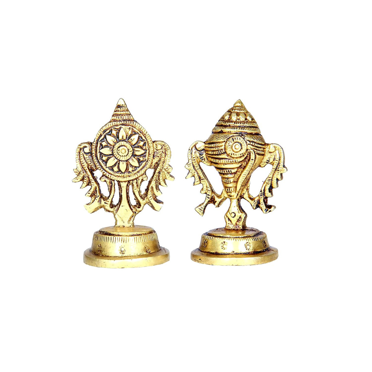 Aalayam Selveer Brass Shankh Chakra Set Small, 5.8cm Height, Brass, Gold Colour, 1 Set(1 No Brass Shankh + 1 No Brass Chakra)