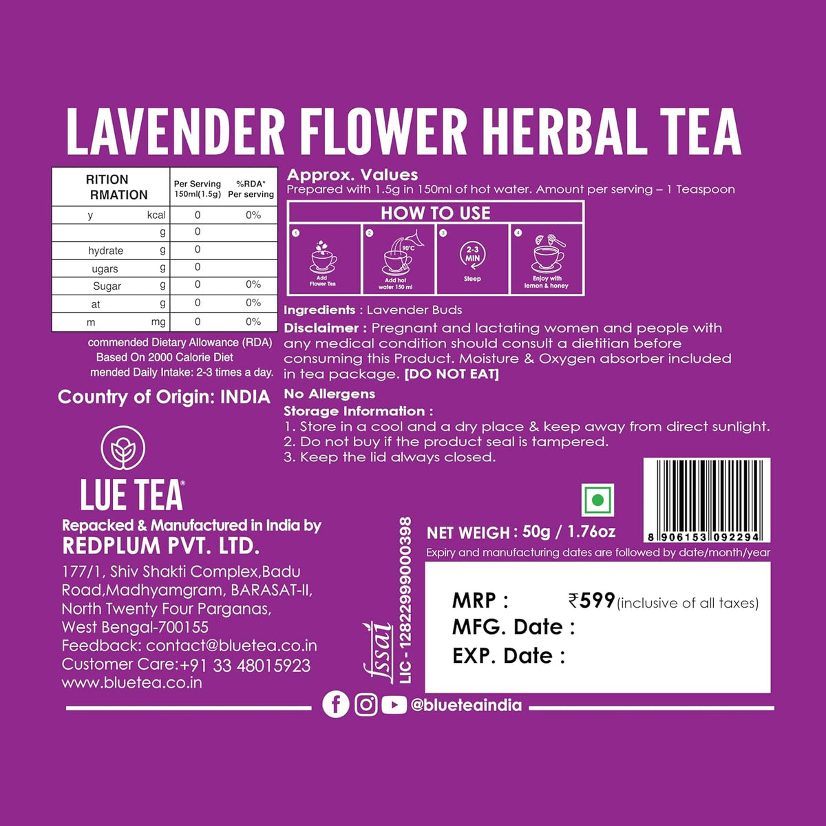 BLUE TEA - Lavender Flower Tea - 50 gm - 50 Cups | Calm & Relaxation | Hebal Tea - Flower Based - Caffeine Free - Non Bitter | Pet Jar Pack