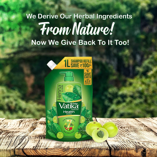 Dabur Vatika Health Shampoo - 1L (Refill Pouch) | With 7 natural ingredients | For Smooth, Shiny & Nourished Hair | Repairs Hair damage, Controls Frizz | For All Hair Types | Goodness of Henna & Amla