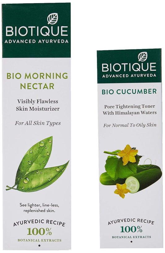 Biotique Bio Cucumber Pore Tightening Toner, 120ml and Biotique Morning Nectar Flawless Skin Lotion for All Skin Types, 190ml (Pack of 2)