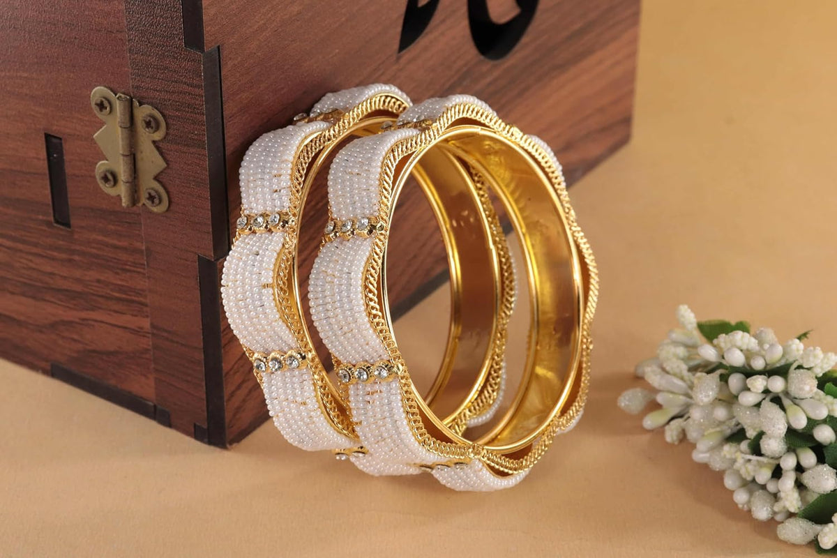 NMII Stylish Alloy Metal Kada Set for Women & Girls with Zircon Diamond Stone and Pearls Work | Traditional Gold-Plated Bangle Set for Women | Women's Kade For Wedding, Party, Ocassion- Set of 4