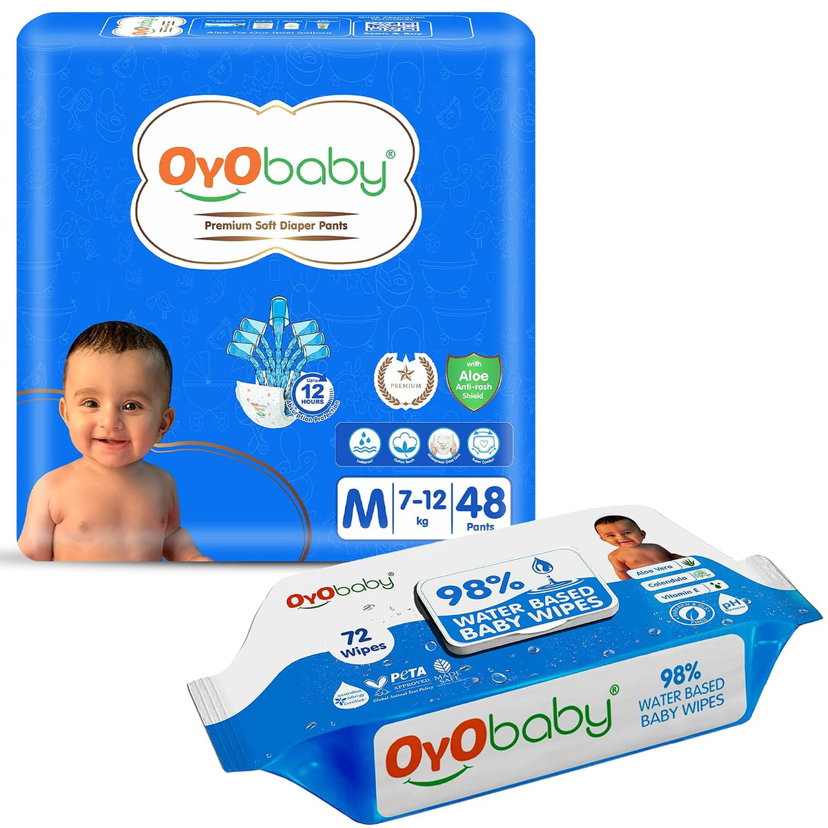 OYO BABY Diapers | Long Lasting Dry Night & Comfortable Sleep Style Diaper Pants, Size 9-14 kg baby 48 Count (Pack of 1), & OYO BABY Soft Cleaning with Aloe Vera Baby Wipes Lids 72 Counts (Combo Pack)