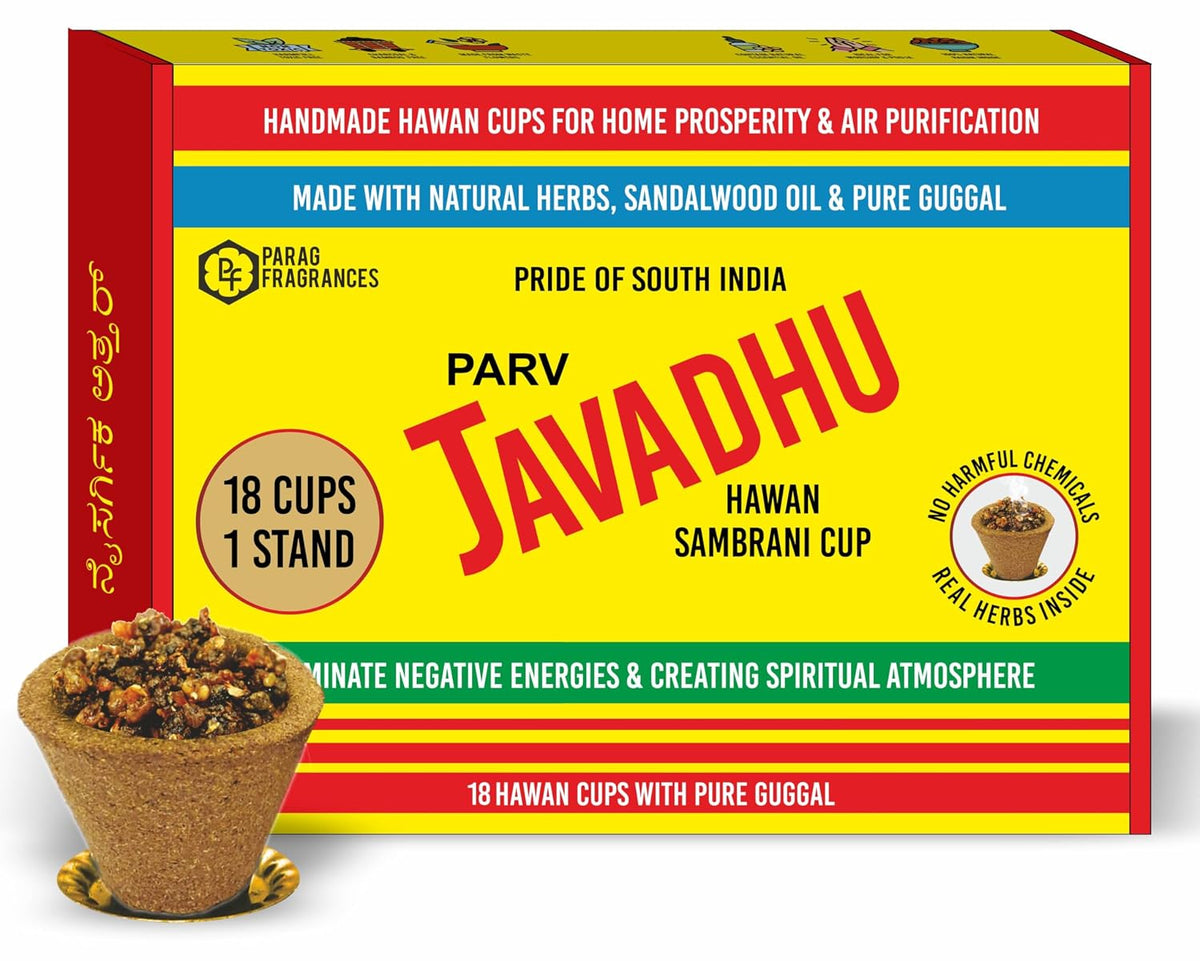 Parag Fragrances Parv Javadhu Hawan Sambrani Cup 18pc Pack with 1pc Hawan Cup Stand/Natural & Handmade for Home Prosperity & Air Purification/with Original Guggal & Javadhu Powder
