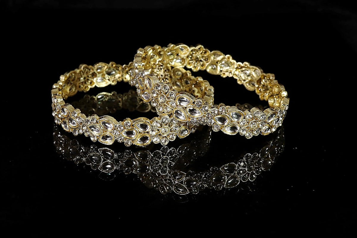 NMII Gold Plated Metal Kundan Stone & American Diamond Bangles For Women & Girls | Traditional Kada For Women | Fancy Rajwada Bangles | Bangles For Wedding, Party, Occasion- Set of 2