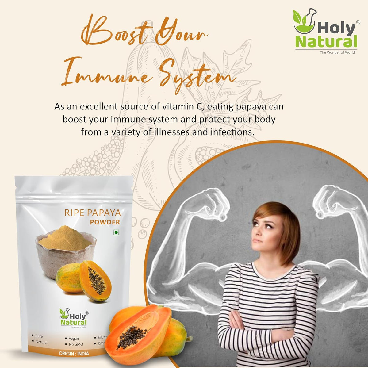 Holy Natural Ripe Papaya Fruit powder -100 GM | Also Called Carica papaya, papaw or pawpaw | Spray Dried Powder, Sugar Free, Rich source of phytonutrients, minerals and vitamins.