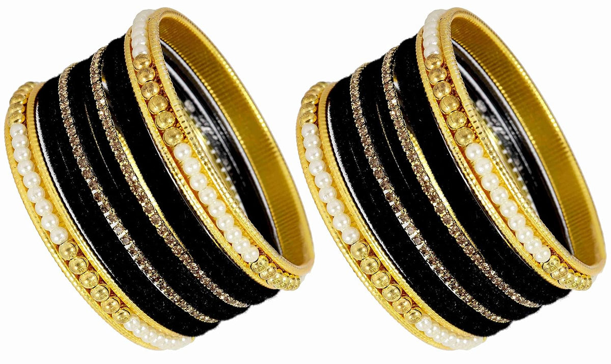 NMII Metal with Zircon Gemstone and Pearls Studded Velvet Bangle Set for Women and Girls