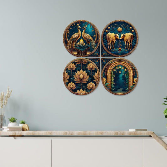 Artvibes Nature Decorative Wall Hanging Ornaments | Living Room | Office | Cafe | Painting Wall Decor | Scenery For Drawing Room | Wall Poster | Handcrafted Art | Unique Gift (WH_8462N), Set of 4