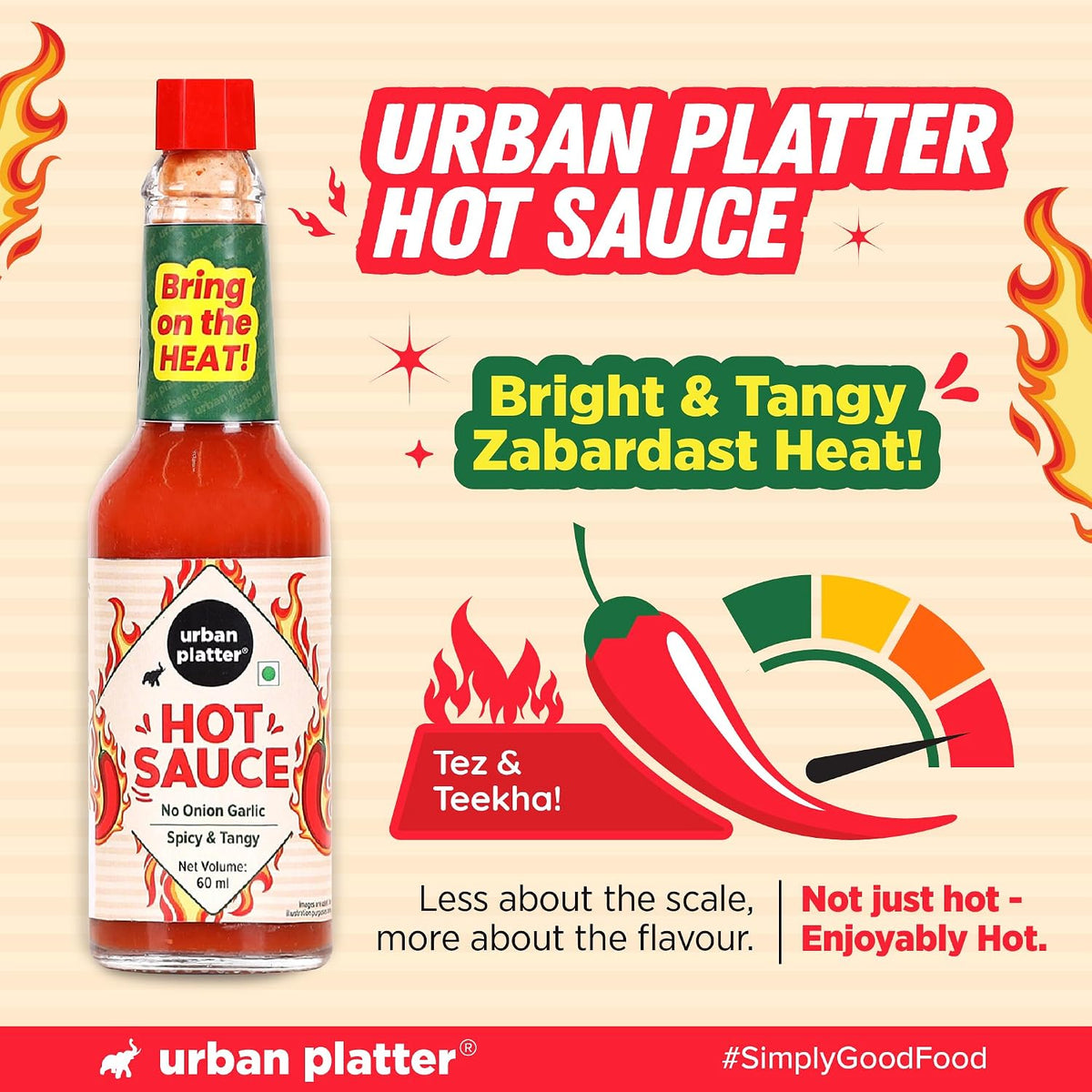 Urban Platter Hot Sauce, 60ml (Tangy & Balanced Chilli Heat, Made with Indian Chillies, No Onion, No Garlic, No Preservatives)