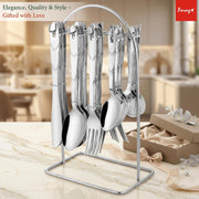Parage 25 Pieces Glory Stainless Steel Cutlery Set for Home & Kitchen (Contains: 6 Table Spoons, 6 Forks, 6 Tea Spoons, 6 Knives, 1 Stand), Spoon Set, Cutlery Set for Dining Table Stylish, Silver