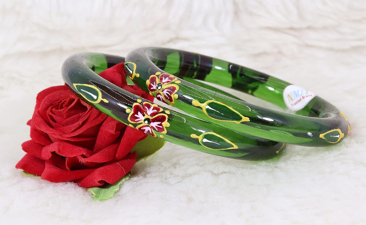 NMII Traditional Glass With Diamond Cutting Pattern Glossy Finished Stylish Kada Set For Women And Girls | Crystal Glass Kada Bangles Set For Wedding, Festive