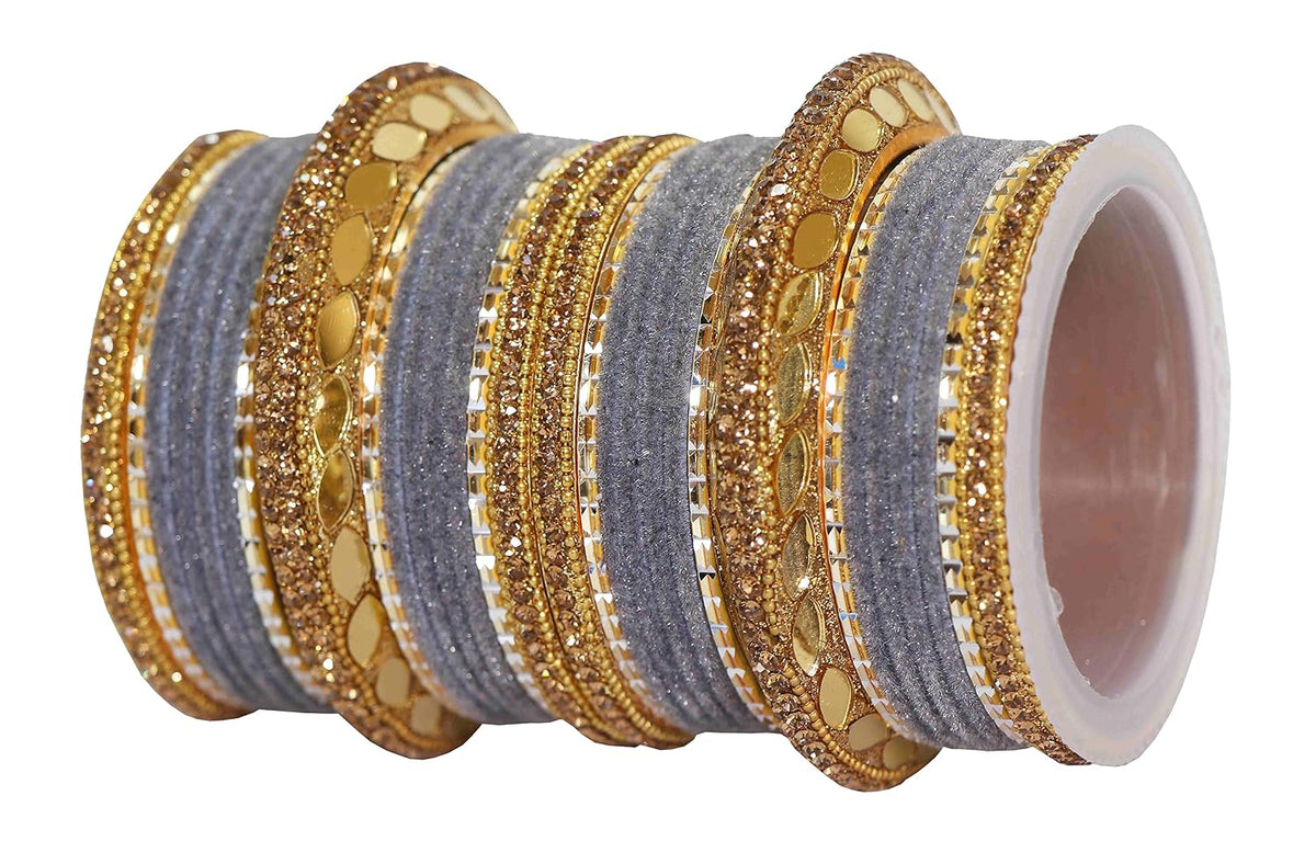 NMII Gold Plated Metal Bangles Velvet Bridal Chuda Set For Women and Girls with Premium Golden Zircon Stones & Beads Worked | Traditional Chuda Set For Women | Women's Bangles Wedding- Set of 30