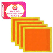 Bhakti Lehar Orange Velvet Pooja Cloth | Aasan for God Idol Sitting, Mandir Shelf, Puja Chowki Table and Home Temple Decoration - Pack of 4 (18 x 18 Inch)