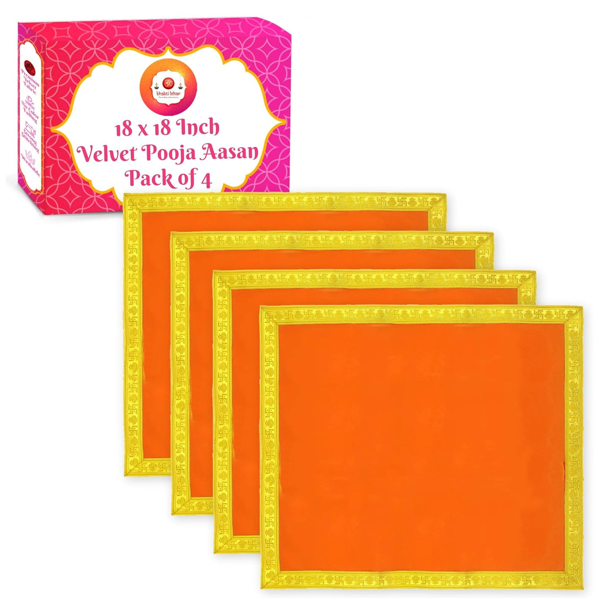 Bhakti Lehar Orange Velvet Pooja Cloth | Aasan for God Idol Sitting, Mandir Shelf, Puja Chowki Table and Home Temple Decoration - Pack of 4 (18 x 18 Inch)