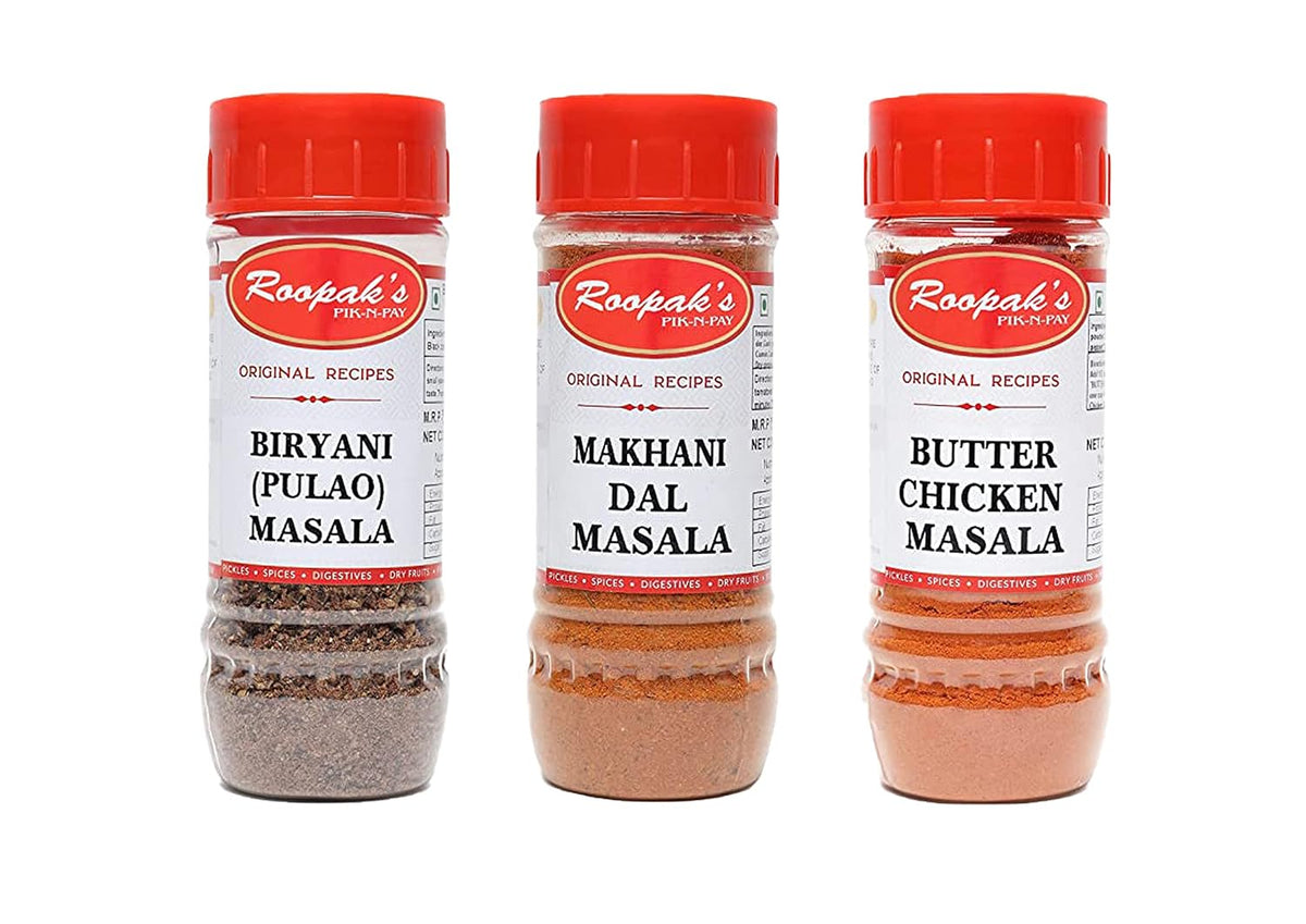 ROOPAK'S PIK-N-PAY -Combo Pack Of Biryani(Pulao)Masala + Makhni Dal Masala + Butter Chicken Masala(Pack Of 3,100Gm Each)