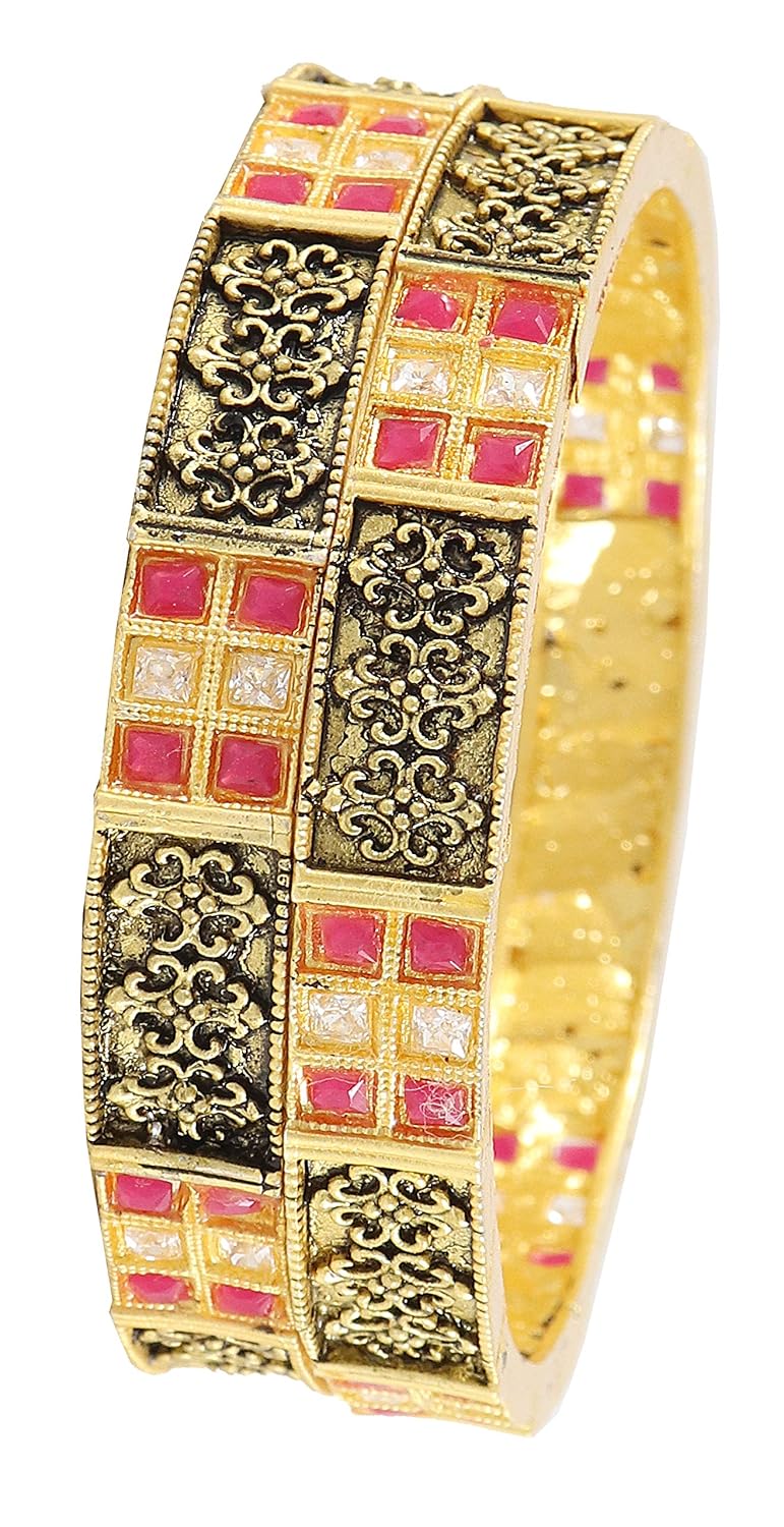NMII Non-Precious Metal Base Metal with Ruby Or Zircon Gemstone Studded worked Glossy Finished Kada Set For Women and Girls