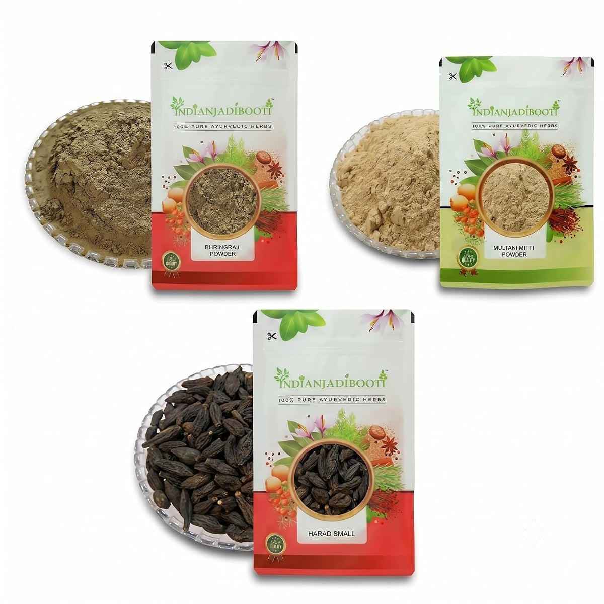IndianJadiBooti Elite Rejuvenation Bundle: Small Black Harad, Multani Mitti Powder & Bhringraj Powder – For Deep Cleansing, Skin Clarity & Follicle Vitality – 100gm Each