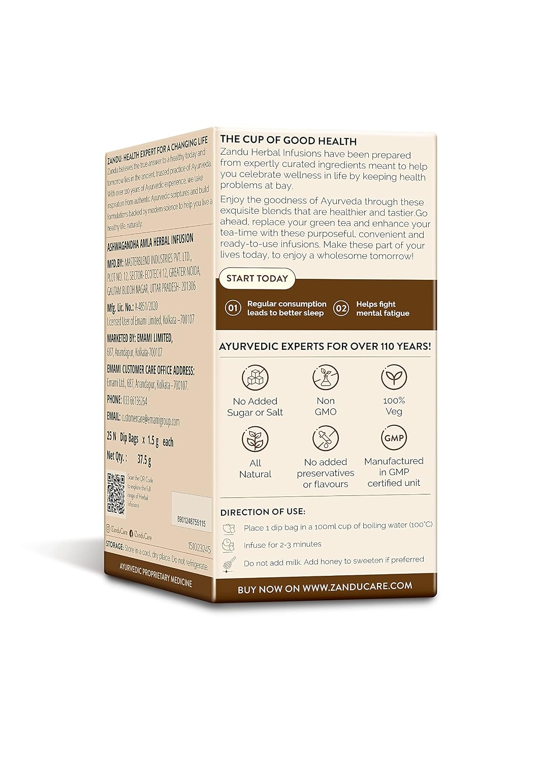 Zandu Ashwagandha Amla Ayurvedic Infusion, a Herbal Tea Enriched with 6 Ayurvedic Ingredients (25 Tea Bags)
