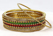 NMII Non-Precious Metal with Base Metal Zircon Gemstone Studded Glossy Finished Ballchain Linked Gold Plated Cutting Pattern Bangle set for Women and Girls
