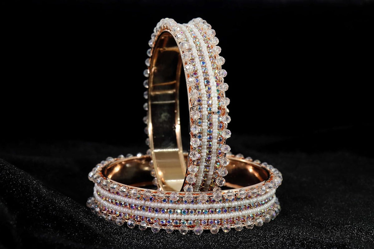NMII Stylish Pearls & Zircon Diamond Stone Metal Bangles For Women and Girls | Fancy Women's Bangles Bracelet | Metallic Bangles kada | Trendy Bangles Fashion Jewellery- Set of 2