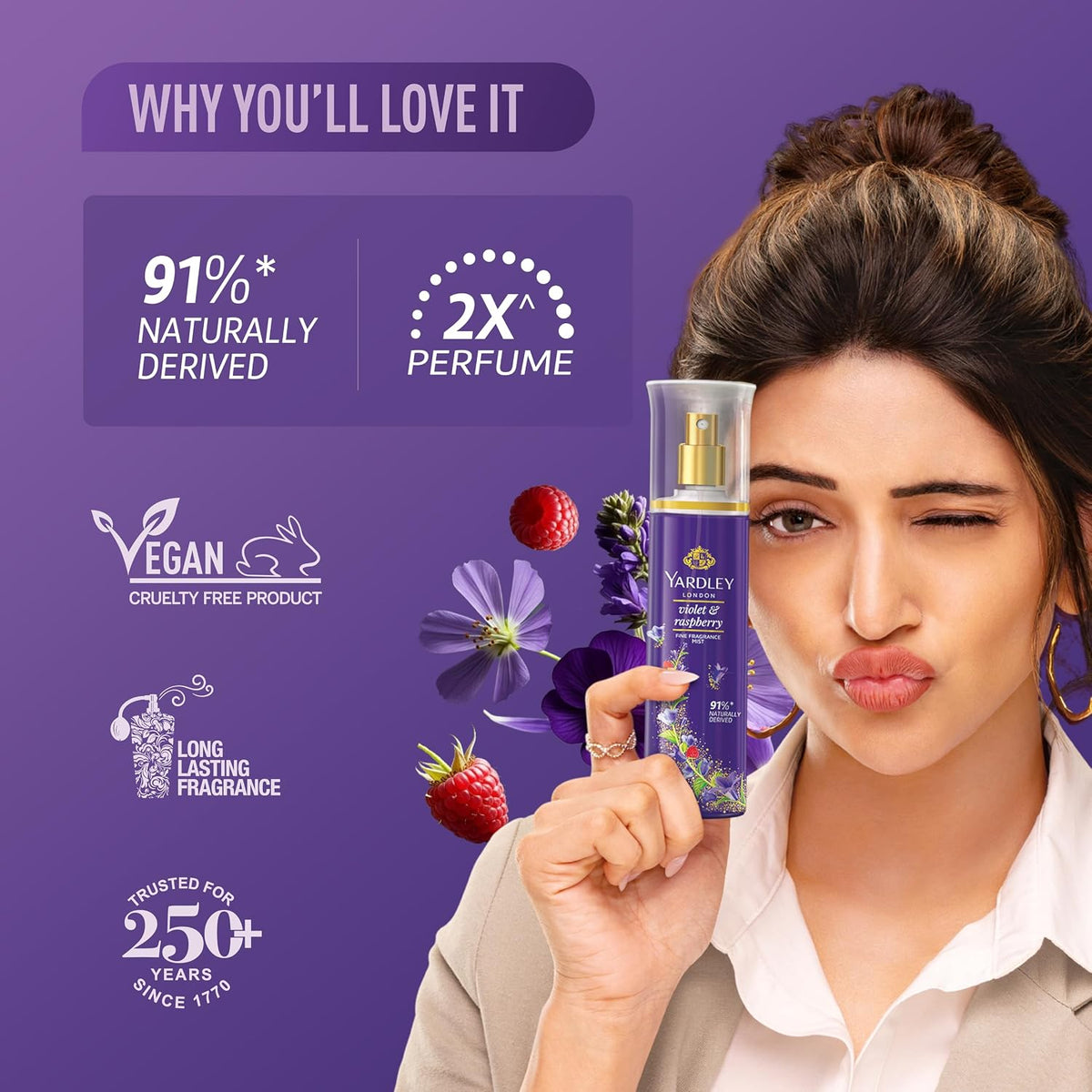 Yardley London Violet & Raspberry Fine Fragrance Mist Spray| 2X Fresh Perfume Spray For Women| 91% Naturally Derived| 135Ml