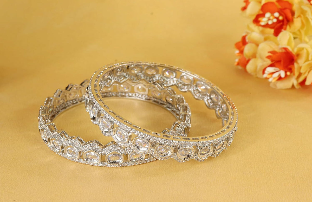NMII Alloy Metal American Diamond Bangles Bracelet Jewellery Set For Women & Girls | Oval Shaped Cubic Zirconia Bangle | Premium Bridal Kada For Wedding, Party, Spaecial Occasion- Set of 2 Bangles
