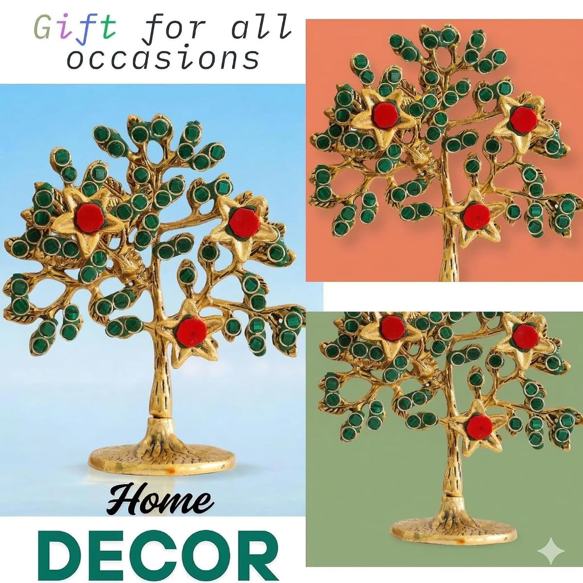 KridayKraft Metal Kalpavriksha Tree for Home Decor - Golden Wish Fulfilling Tree Metal Showpiece for Temple, Vastu, Office Table & Gifting Banyan (No 1 Golden with Stone)