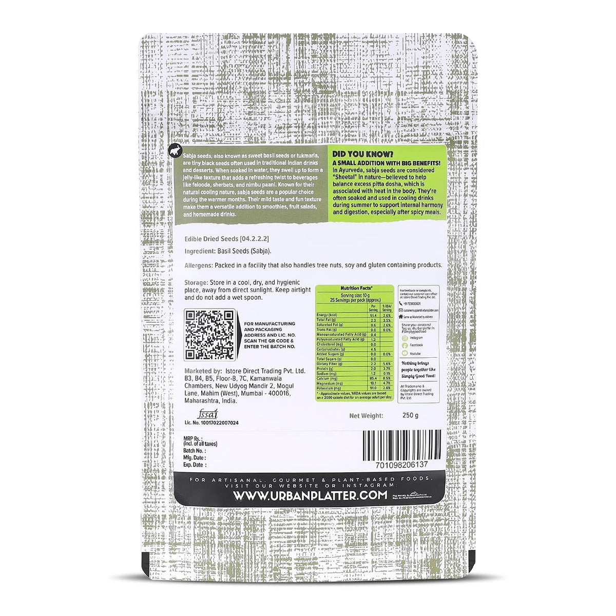 Urban Platter Sabja Seeds, 250g (Basil Seeds for Weight Management, Digestion & Hydration, Rich in Fiber & Omega-3, Falooda, Detox Drinks & Smoothies)