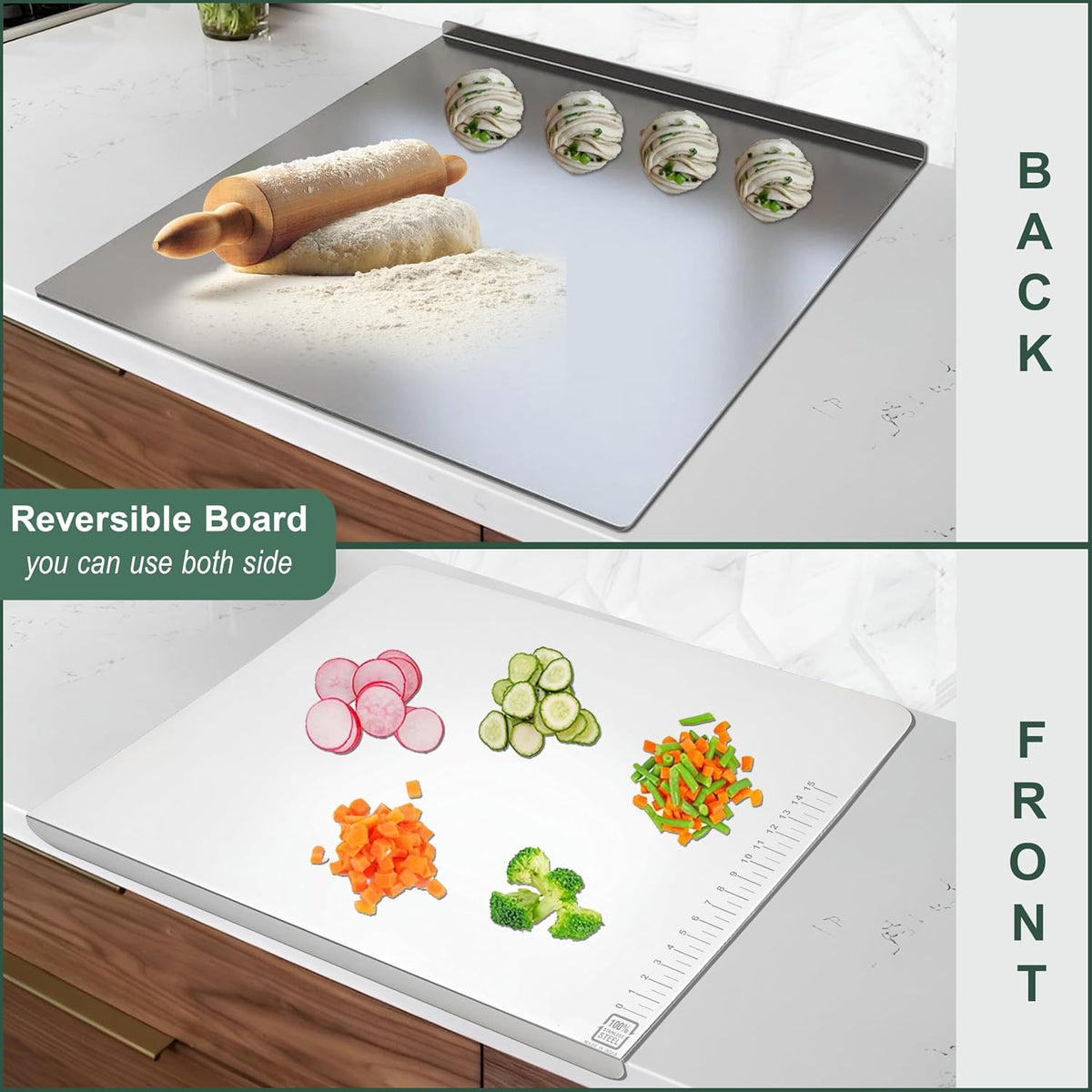 Parage Large Stainless Steel Chopping Board (41 x 31 cm) | Heavy Duty Metal Cutting Board with Anti-Skid Silicone Pads | Durable, Rust-Proof Kitchen Board for Vegetables, Meat & Fruits