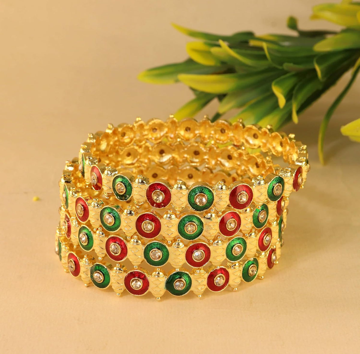 NMII Viral Gold Tone Kada for Women & Girls with Red & Green Stone Pattern | Traditional Kada For Wedding Festival Party | Metal Kangan's Karwa Chauth Diwali Gift | Beautiful Ethnic Jewelry - Set of 4