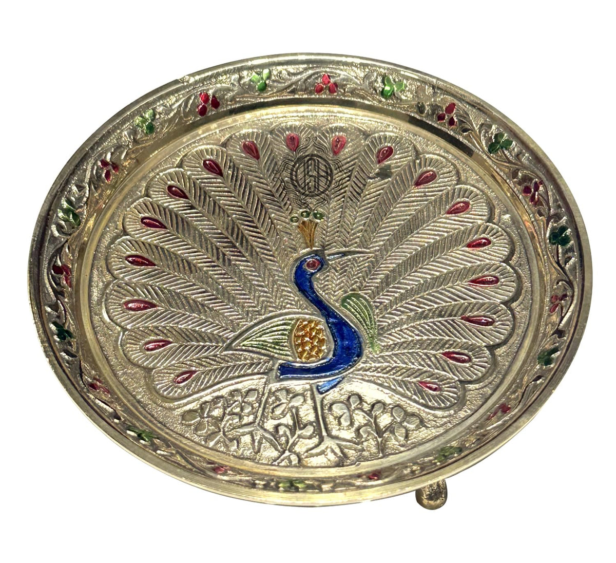 DSH Pure Brass Puja thali Plate with Peacock Embossed Design Best for Home Office Pooja Purpose Handicraft (15 cm)