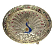 DSH Pure Brass Puja thali Plate with Peacock Embossed Design Best for Home Office Pooja Purpose Handicraft (20 cm)