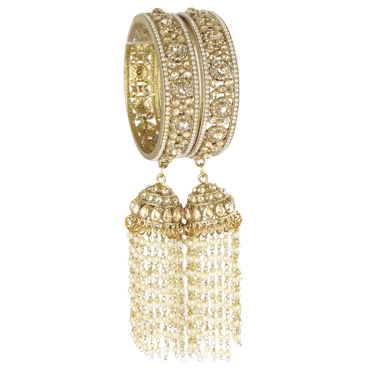 NMII Premium Alloy Latkan Kada Set Studded With Beads & Zircon Gemstone For Women & Girls | Traditional Pearls Kada Set | Kalira Bangles For Bridal | Dulhan Chudi Set For Wedding & Partys - Set Of 2